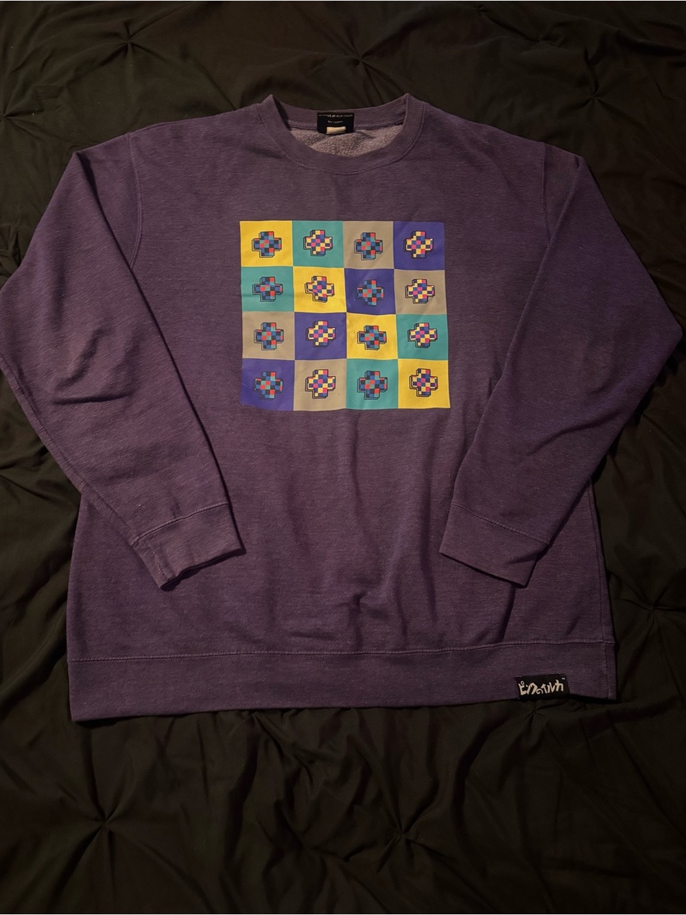 Pink Dolphin Purple Crewneck Sweatshirt with Colorful Grid Graphic